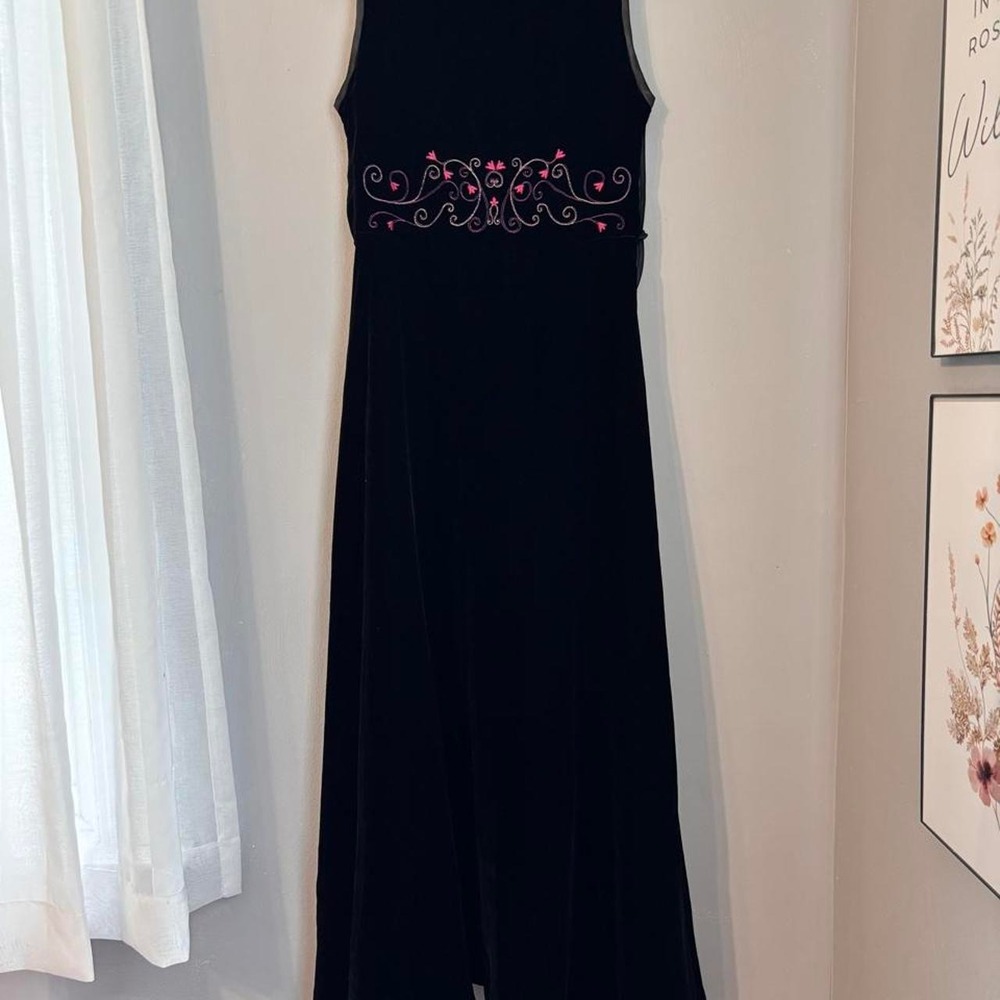 American Girl black velvet maxi dress with pink floral embroidery, size 16